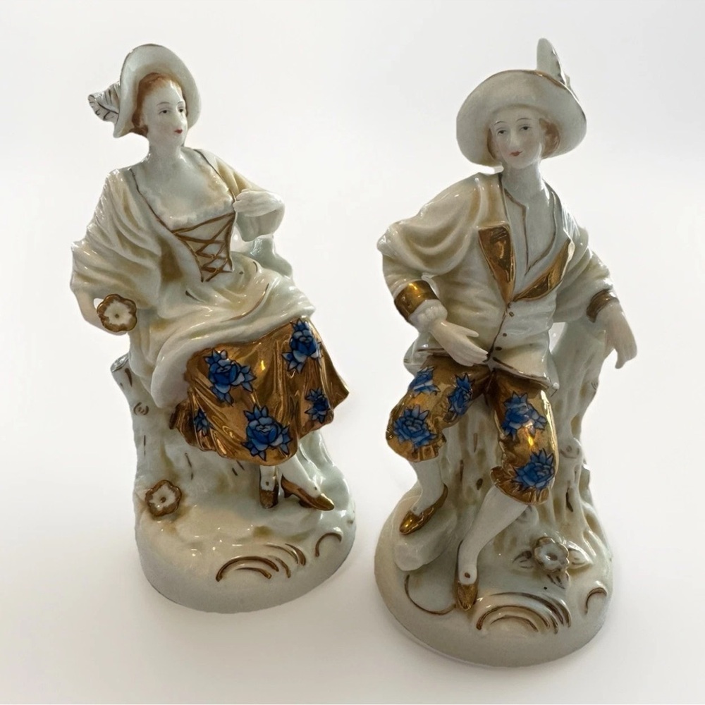 Antique Couple Figurines Victorian Courting Hand Painted & SIGNED Gold & Blue - Picture 9 of 13